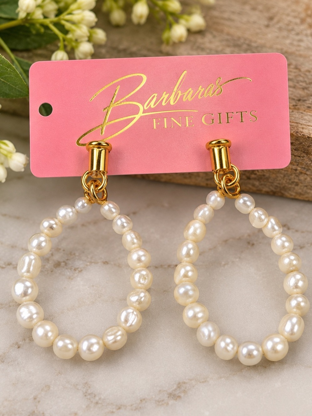Pearl Hoop Drop Earrings - Cream Pearls with Gold Accent